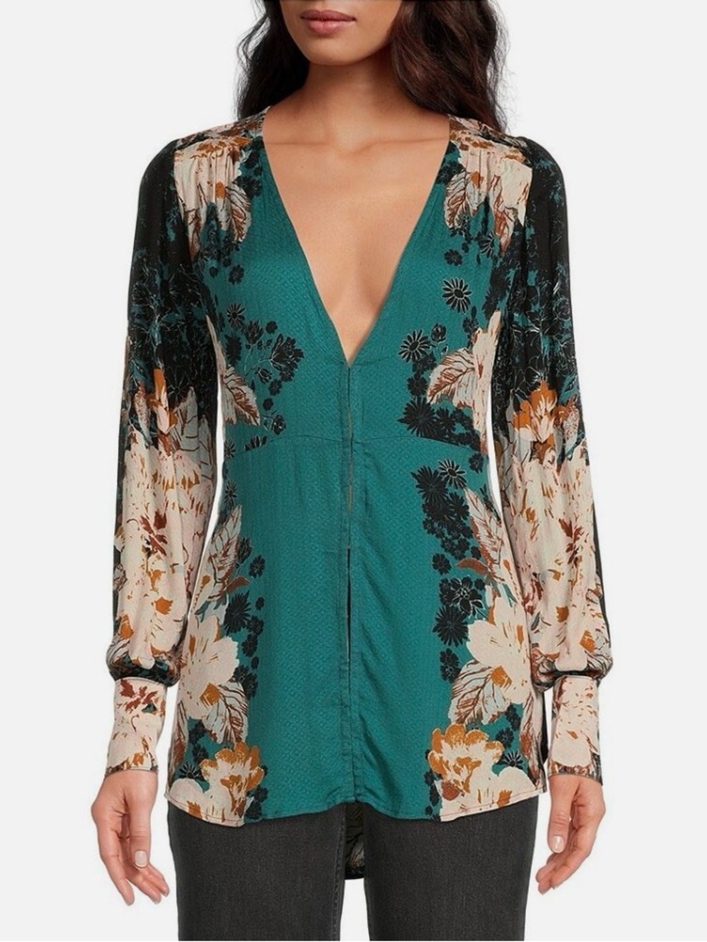 Free People Mikayla Printed Tunic In Green Combo With Bishop Sleeves